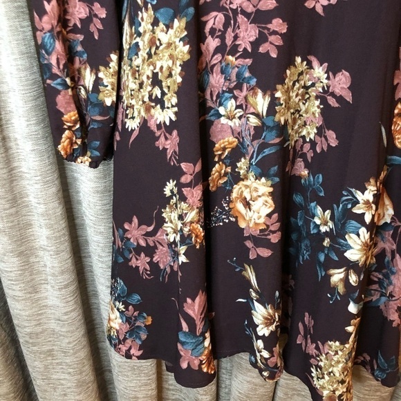 Xhiliration Wine Floral Print Long Sleeve Scoop Neck Ruffle Front Dress Medium - Picture 10 of 16